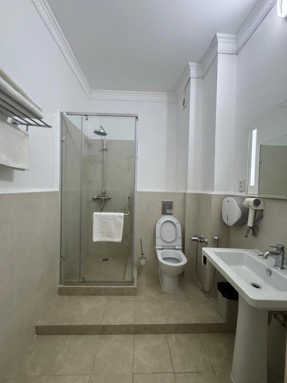 a bathroom with a shower and a toilet and a sink at Hotel Astoria in Astana
