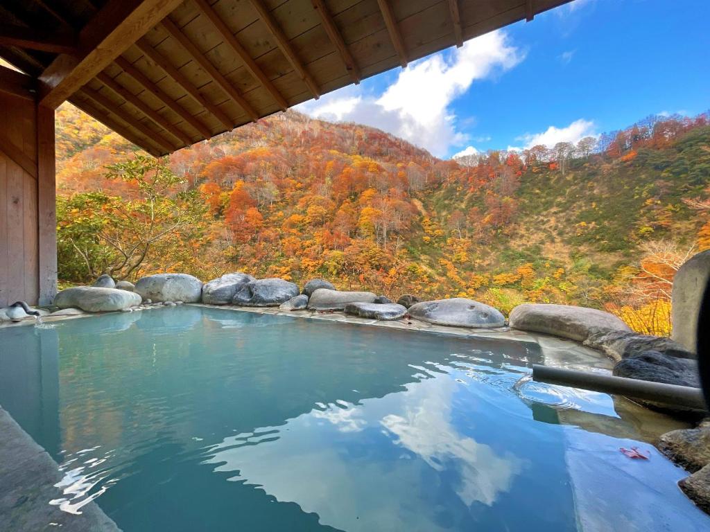 a pool of water with mountains in the background at 秘湯花文 in Myoko