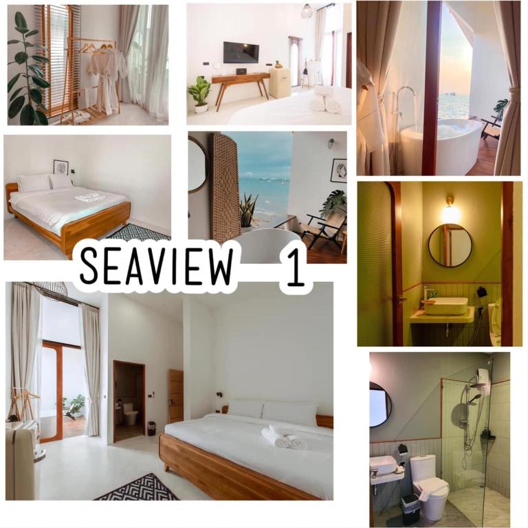 a collage of photos of a hotel room at Radda Sea House in Ko Larn