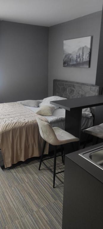 Un dormitorio con una cama, un escritorio y un lavabo. en Mihailo hotel Andjela, en Kopaonik