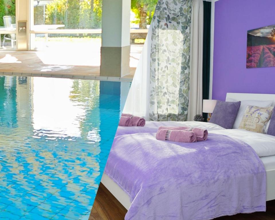 a bedroom with a bed and a swimming pool at RELAX - APPARTEMENTS mit Pool und Sauna, Allgäu in Scheidegg