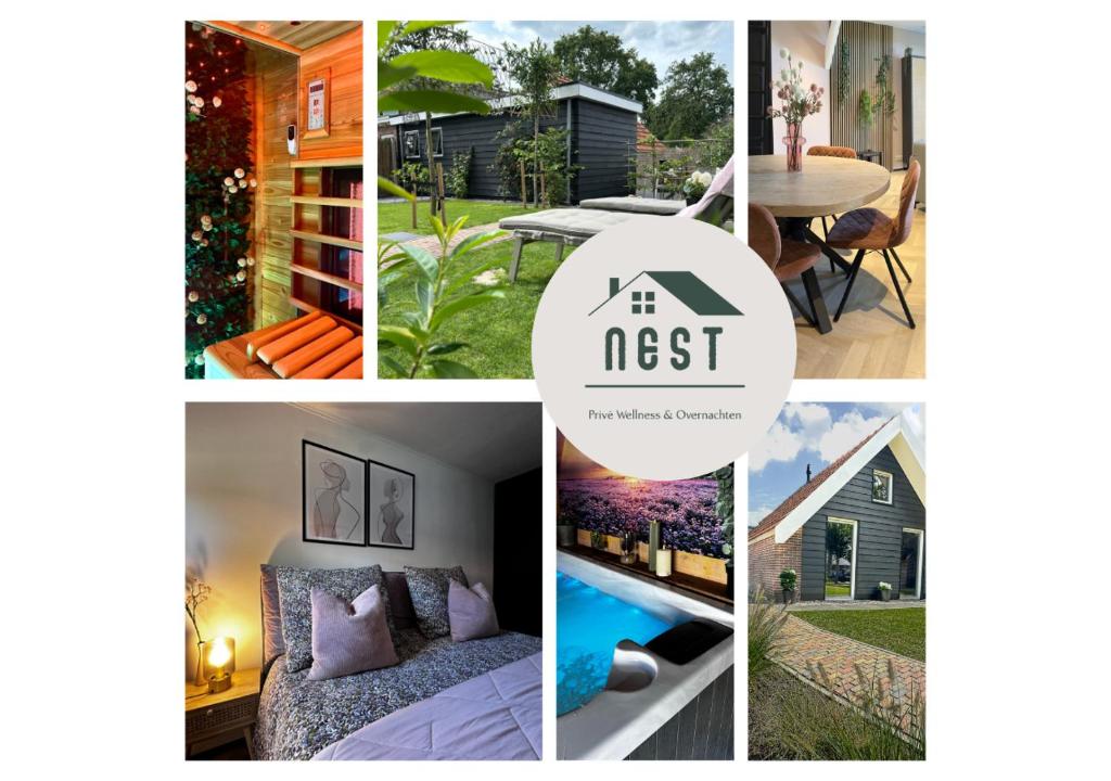 a collage of pictures of homes and a house at Luxe Vakantiehuis met privé Wellness in Zuidwolde