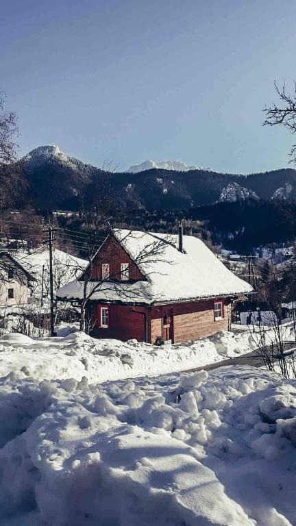 a house covered in snow next to a field of snow at Roubenka in Terchová