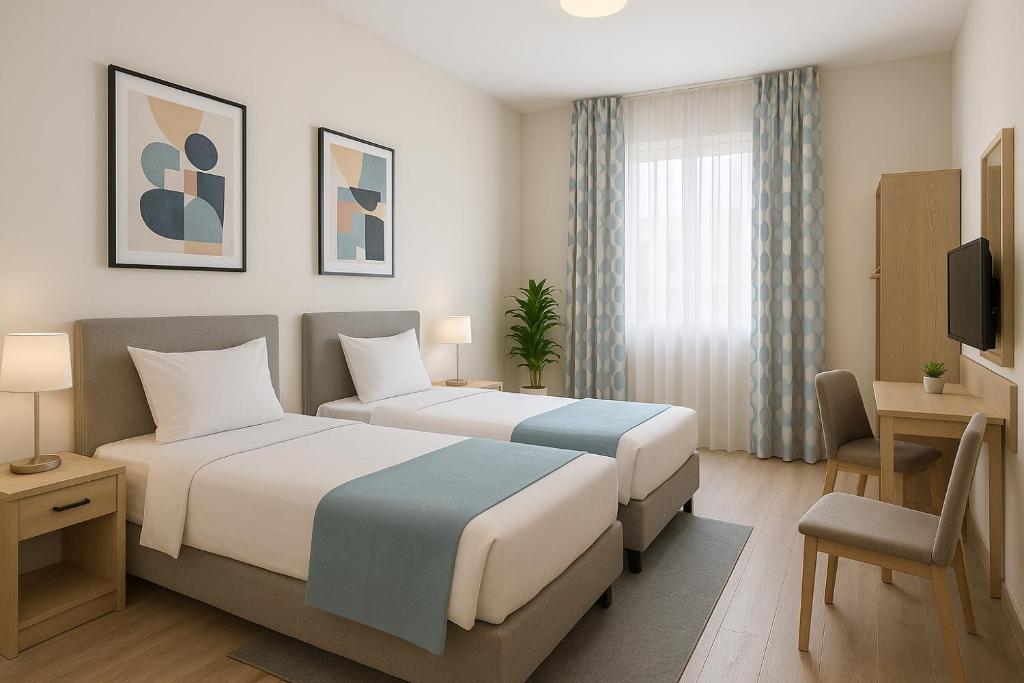 Fully Private Furnished Deluxe Studio Near Avenues Mall في مسقط: غرفة فندقية بسريرين وتلفزيون