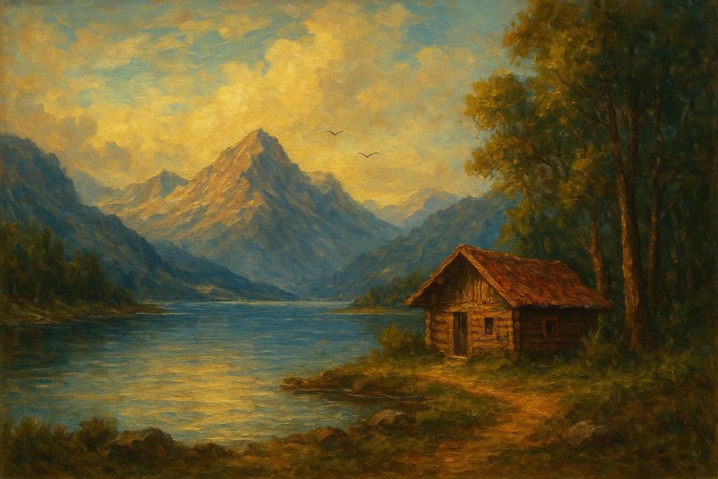 ein Gemälde eines Gemäldes eines Flusses und eines Hauses in der Unterkunft Bakarvågen 2 