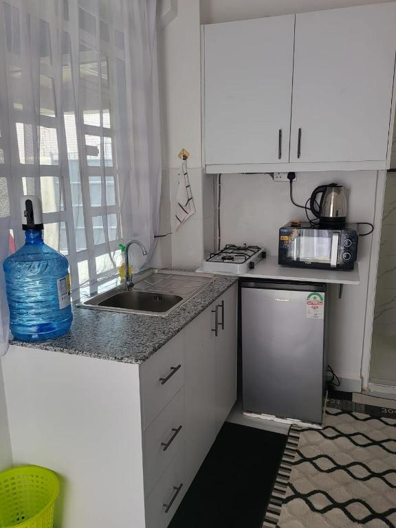 Una pequeña cocina con fregadero y estufa. en Exciting, en Ongata Rongai 