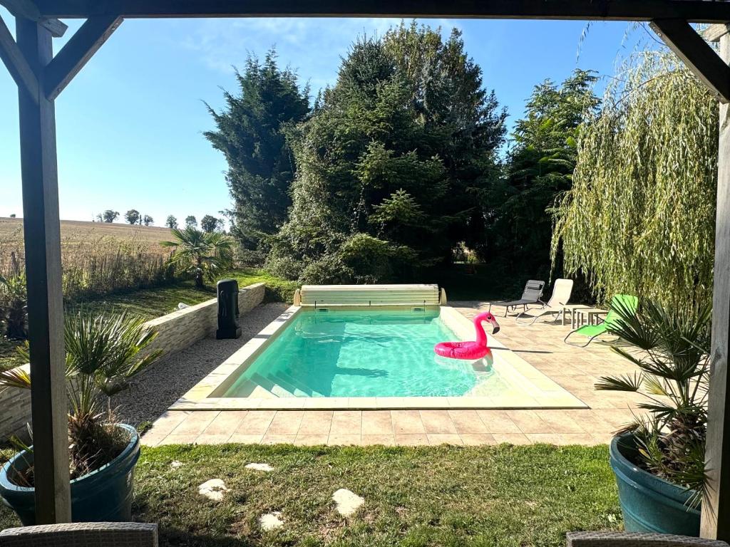 una piscina con un flamenco rosa en un patio en La Maison Labonnechose - Piscine chauffée - Calme - Jeux, en Notre-Dame-de-Fresnay