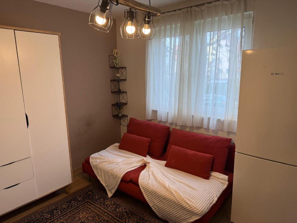 ein Wohnzimmer mit einem roten Sofa vor einem Fenster in der Unterkunft 2 Soul Appart in Dresden