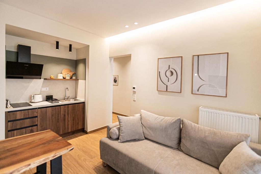 un soggiorno con divano e cucina di Likno a Alexandroupoli