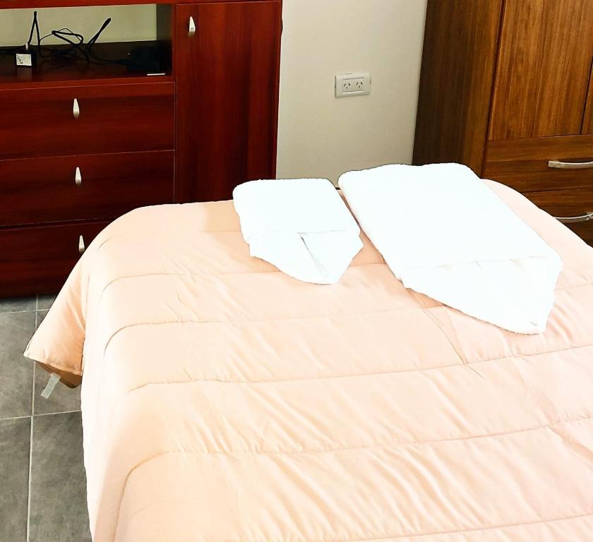 ein Bett mit zwei weißen Kissen darauf in der Unterkunft Apart Mi Kaú in Catriel