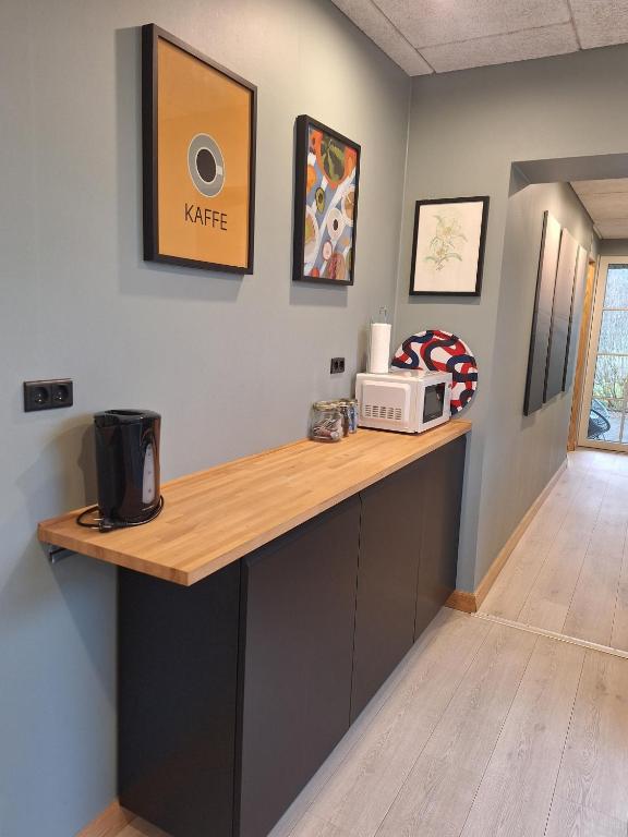 a kitchen with a counter with a microwave on it at Odense Garden Apartment in Odense