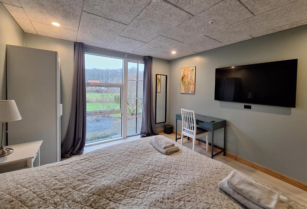 Un dormitorio con cama, escritorio y televisión. en Odense Garden Apartment, en Odense