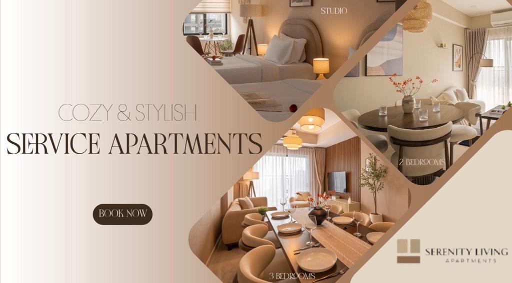 a rendering of a living room and dining room at Soho Residence & Apartments by Serenity Living - City Center District 1 - Premium Studios & 2-3 Bedrooms Suite, Next Bui Vien in Ho Chi Minh City