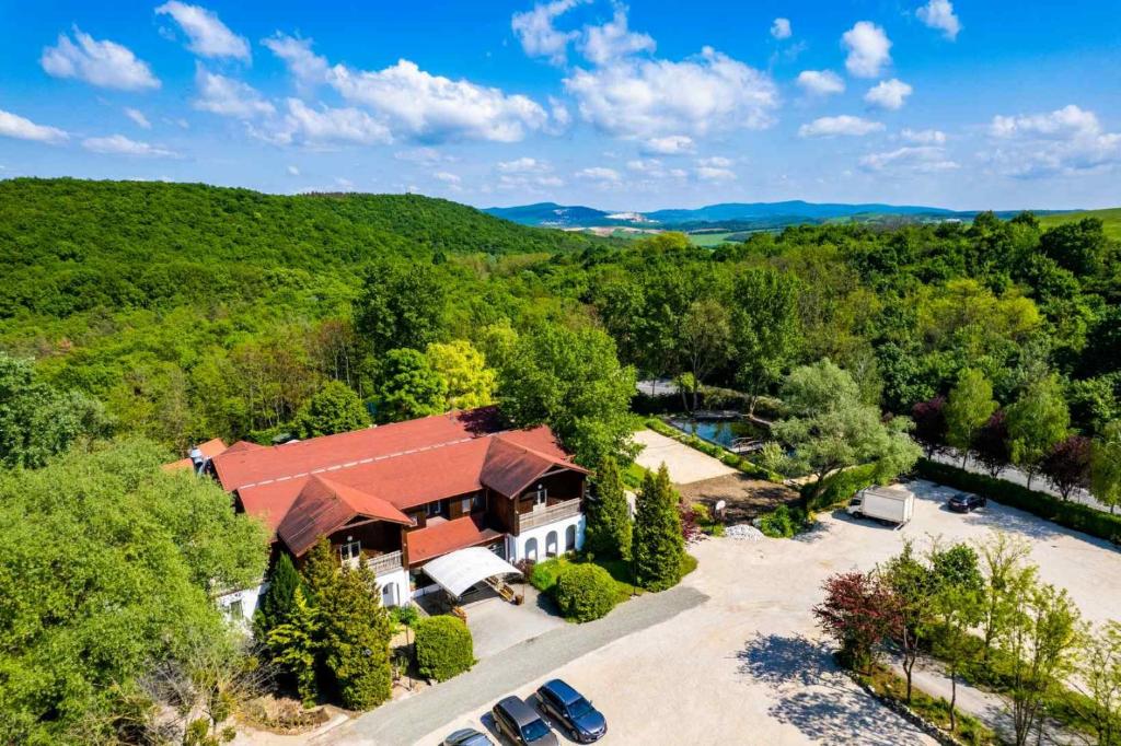 eine Luftansicht eines Hauses mit einem davor geparkt in der Unterkunft Pollushof Panzió és Étterem in Csolnok