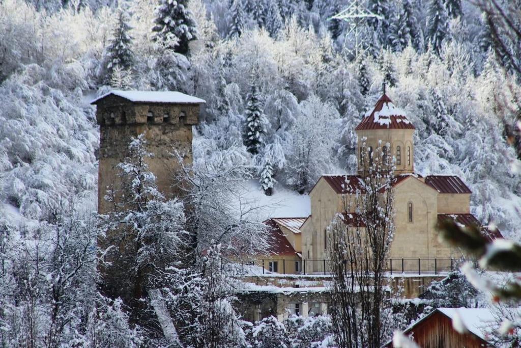 Un gran edificio en medio de un bosque cubierto de nieve. en Shgedi Mestia, en Mestia