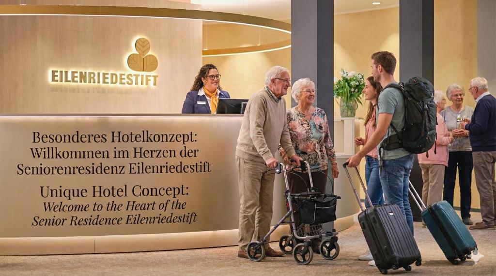 a group of people standing in front of a sign with luggage at Eilenriedestift Hotel in Hannover