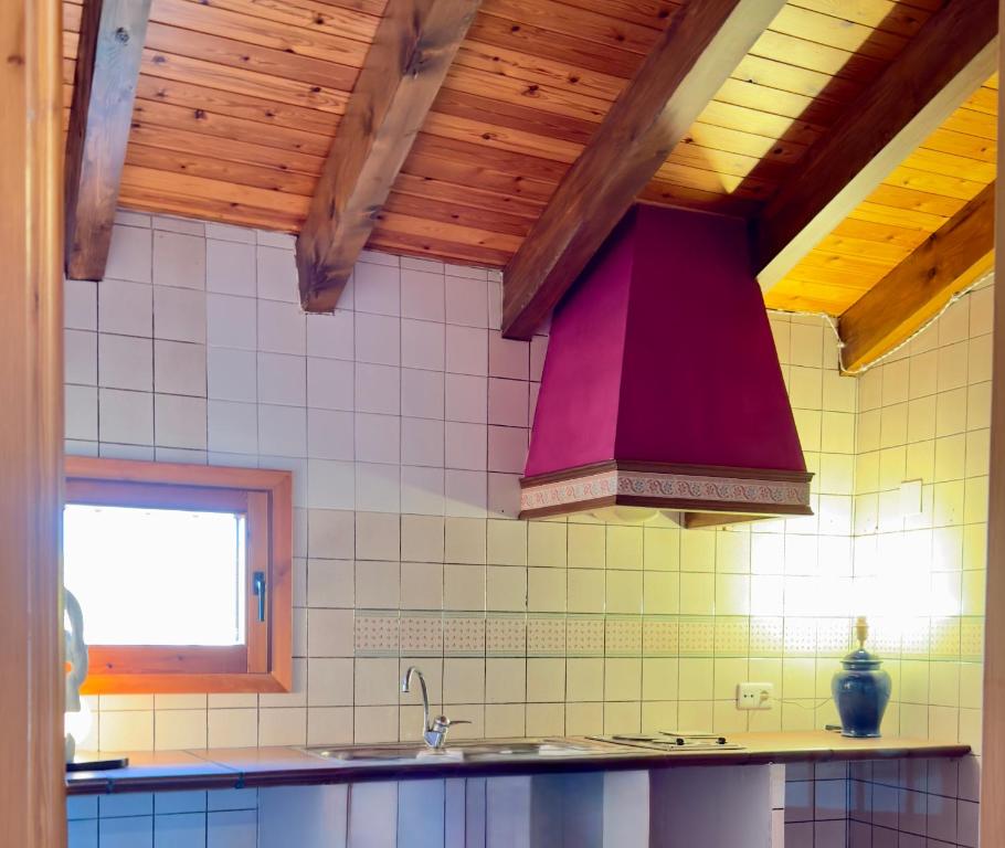 Eine Küche mit Spüle und lila Dunstabzugshaube in der Unterkunft Cielos de Celadas in Celadas