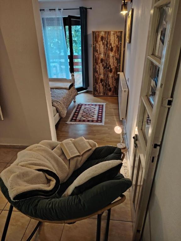 a living room with a couch and a room with a window at Domus Foresta Apartmani in Brdo