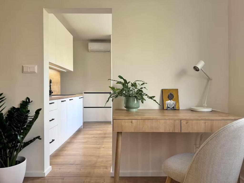 a kitchen with a desk with a picture and a plant at Lumen apartmán in Komárno