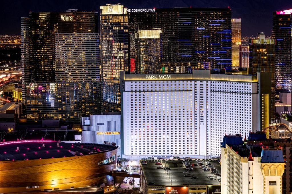 a view of the trump hotel and casino at night at NoMad Las Vegas in Las Vegas