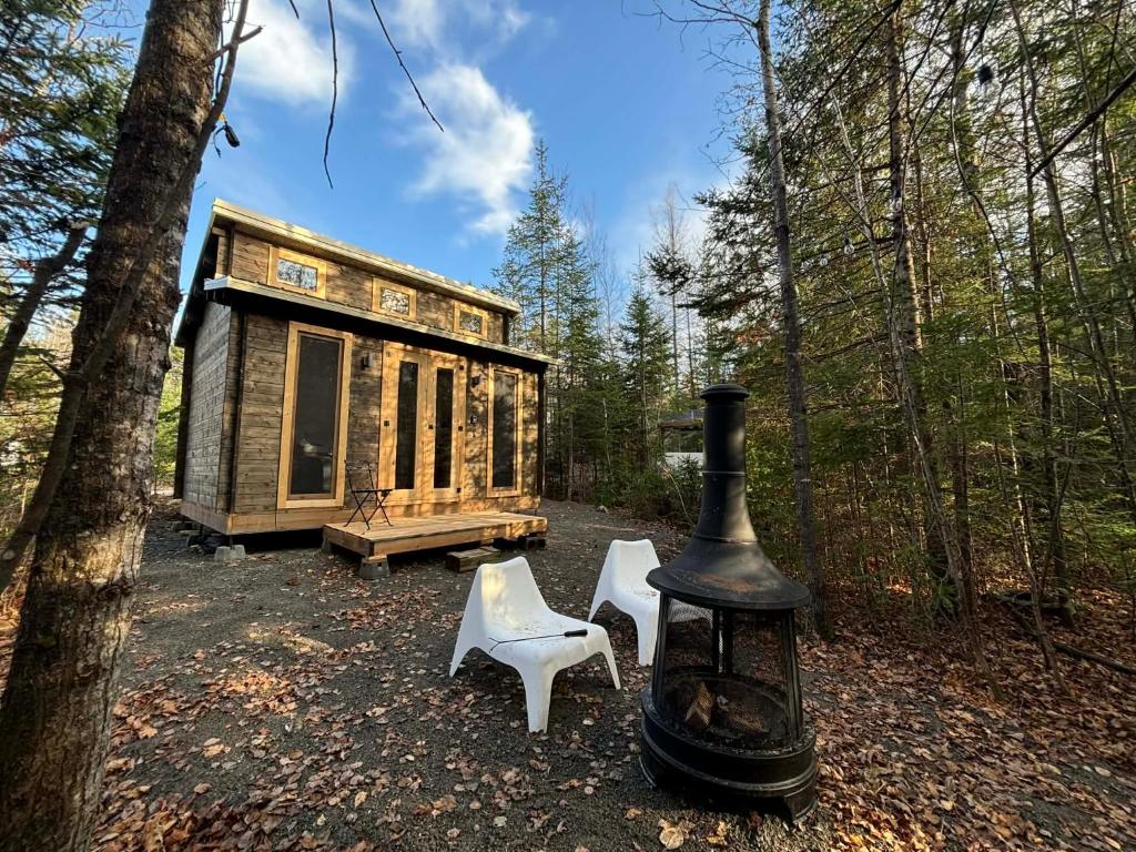 a tiny house in the woods with two white chairs at Refuge Fristad - Microchalet Peppar avec spa privé in Saint-Calixte
