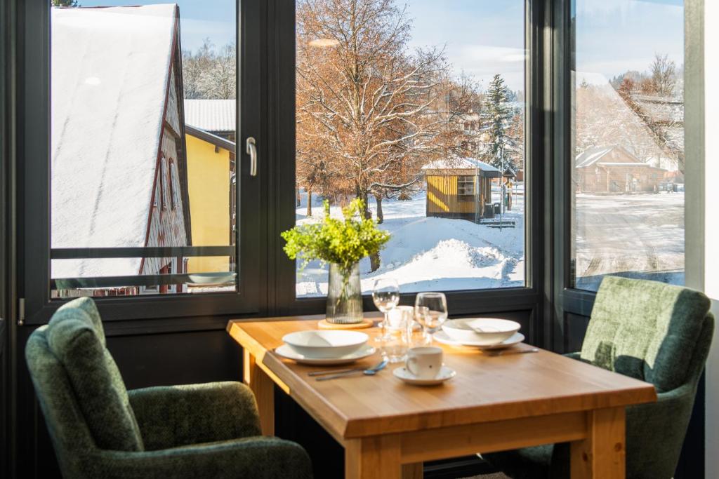 a table and chairs in a room with a window at Aspen Lodge Apartments & Sauna in Černý Dŭl