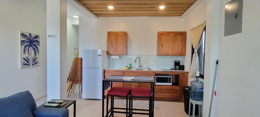 a small kitchen with a refrigerator and a table at Lickety Split Unit 3, Northside Ocean View in Caye Caulker