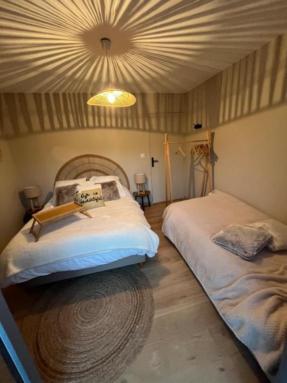 a bedroom with two beds and a chandelier at Gite du Lac Pavin in Besse-et-Saint-Anastaise