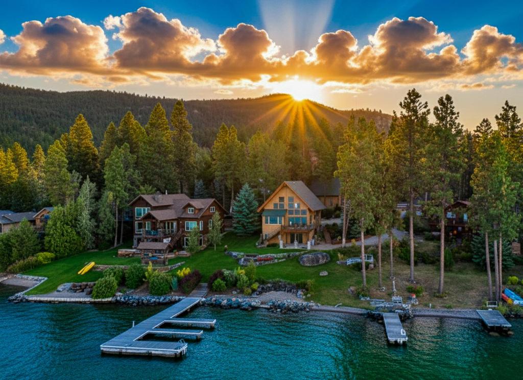an aerial view of a house on a lake with the sunset at Lakefront Beauty in Rocky Point