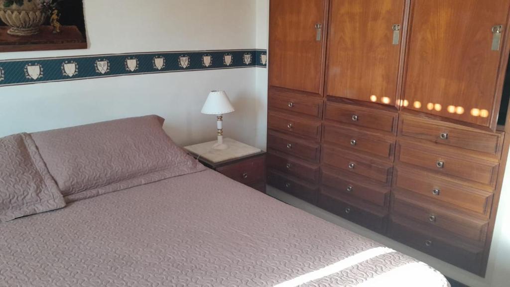 a bedroom with a bed and wooden cabinets and a lamp at Atlántico Peatonal in Necochea