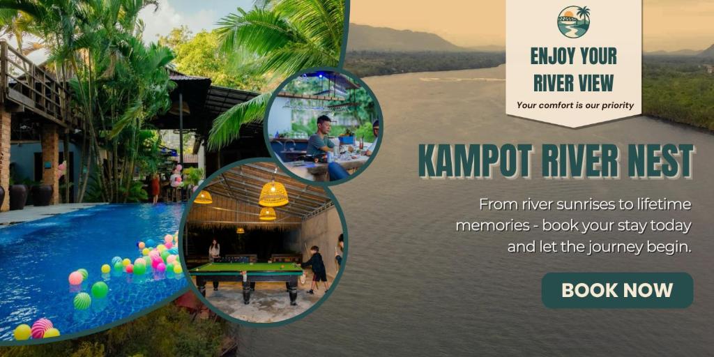 eine Collage aus zwei Fotos eines Spiegels neben einem Fluss in der Unterkunft River Nest Hostel in Kampot