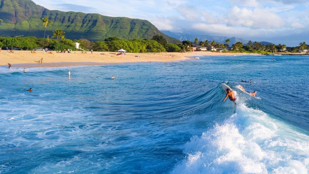 Eine Person, die eine Welle auf einem Surfbrett im Ozean reitet in der Unterkunft Oluolu by AvantStay Single-Story Home by Ocean in Waianae