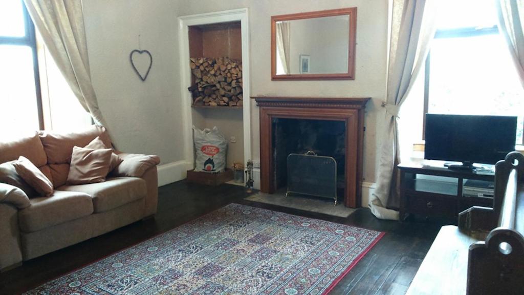 - un salon avec un canapé et une cheminée dans l'établissement The Haven Cottage, à Slamannan