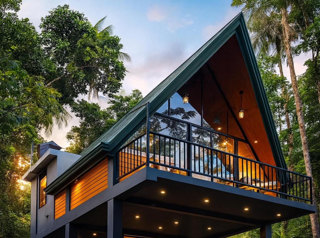 een huis met een balkon dat rondom loopt, omgeven door bomen bij Pinna Eco in Galle