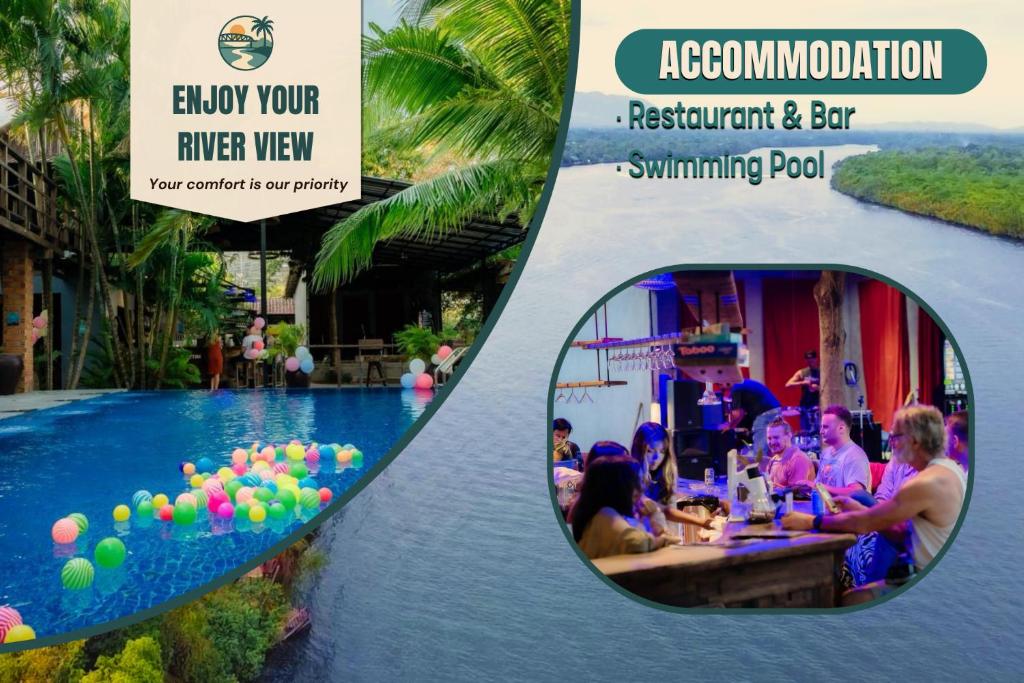 Un grupo de personas sentadas en una piscina en un resort. en River Nest Hostel, en Kampot