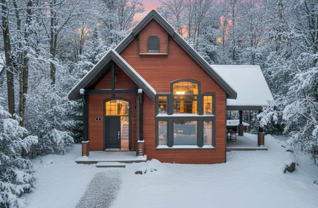 een huis in de sneeuw met twee katten ervoor bij Spa & Pool table - Ivy Cottage in Scott