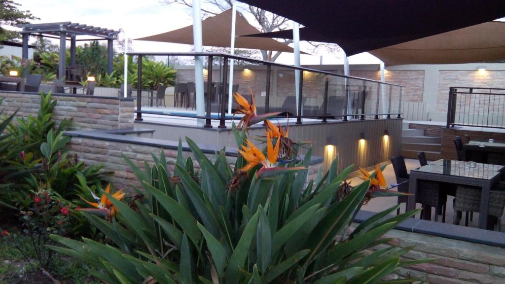 a garden with orange flowers in the middle of a patio at Hotel Colibri in Koné