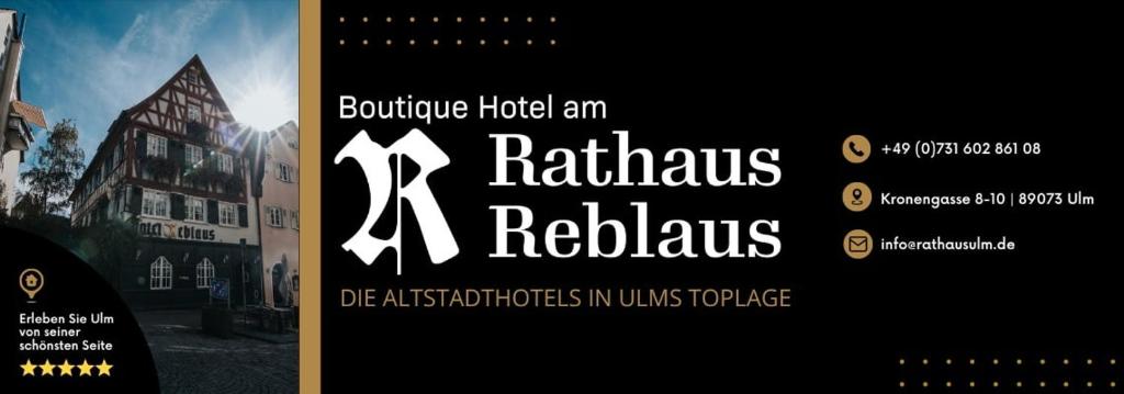 Un cartel de un restaurante con la imagen de un edificio. en Boutique Hotel am Rathaus - Reblaus, en Ulm