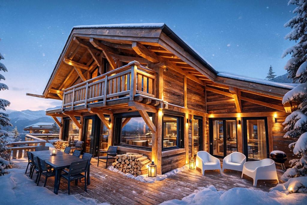 ein Blockhaus im Schnee mit einem Tisch und Stühlen in der Unterkunft Chalet Aguila - Jacuzzi et sauna panoramique - vue spectaculaire in Bolquere