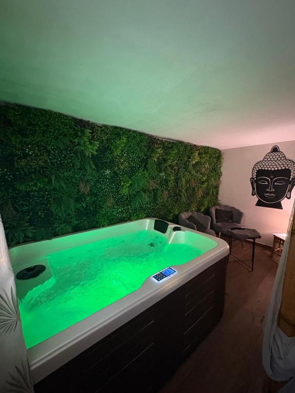a bath tub with a green accent wall at leverest rooms in Marseille