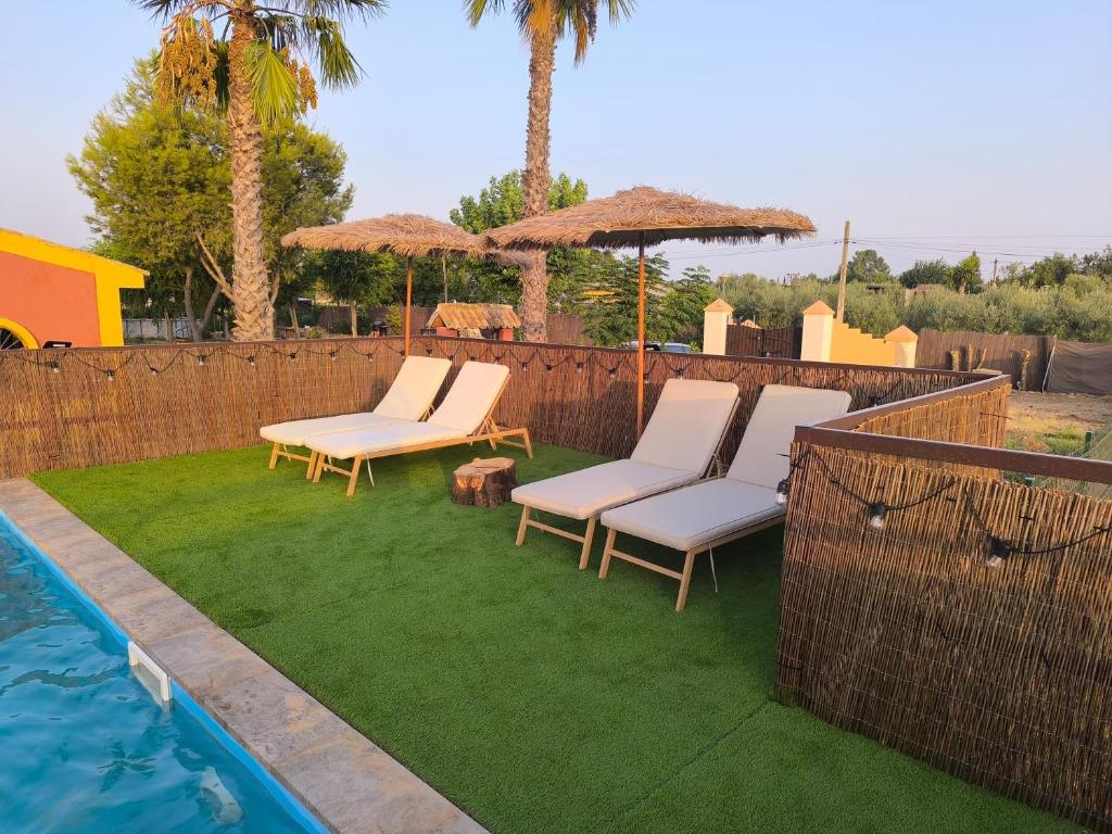 two lounge chairs and umbrellas next to a swimming pool at Hacienda La Celada CARMONA SEVILLA in La Celada