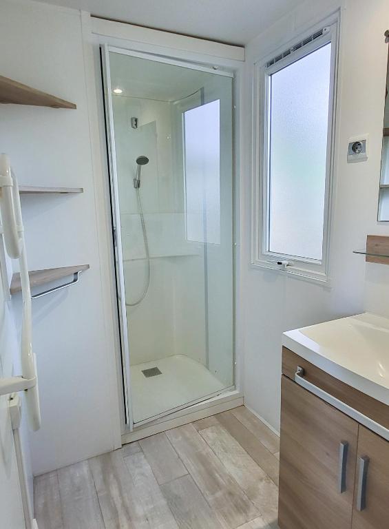 une douche avec une porte en verre dans une salle de bain dans l'établissement Sevservices à La Réserve, à Gastes