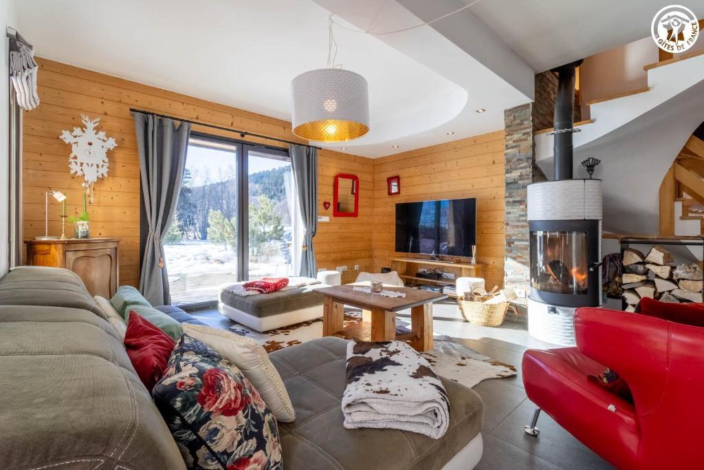 ラ・フェクラにあるLe chalet du lysのソファと暖炉のあるリビングルーム