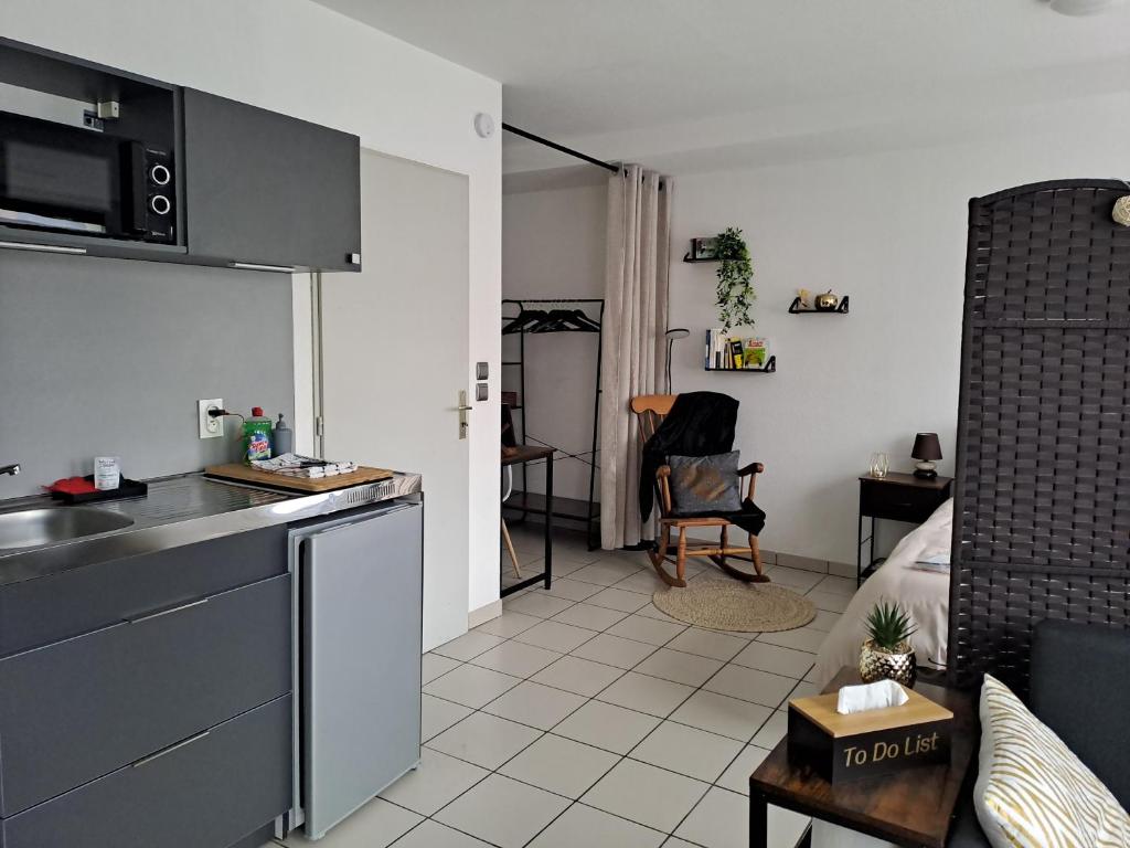 una cucina e un soggiorno con lavandino e divano di Meublé 3 étoiles en centre-ville a Niederbronn-les-Bains