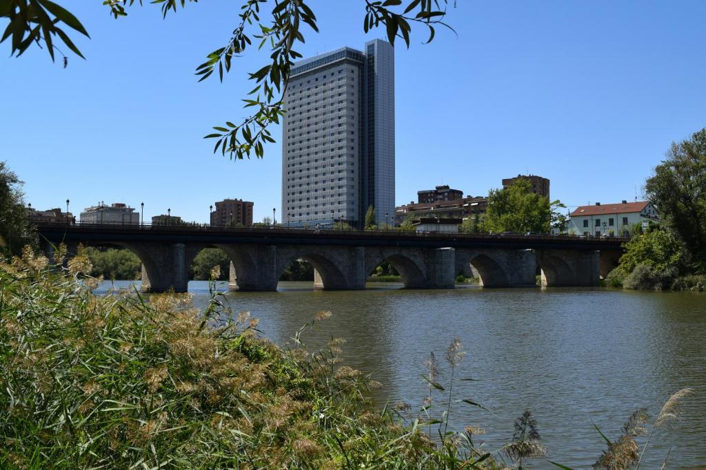a bridge over a river with a tall building at Loft 21.Estilo con vistas de cine in Valladolid