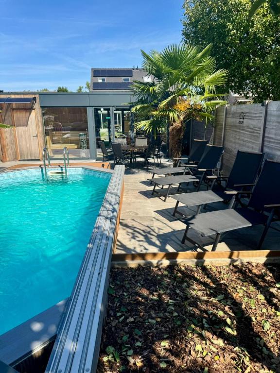 a swimming pool with lounge chairs next to at B&B Wellness Garden in Herzele