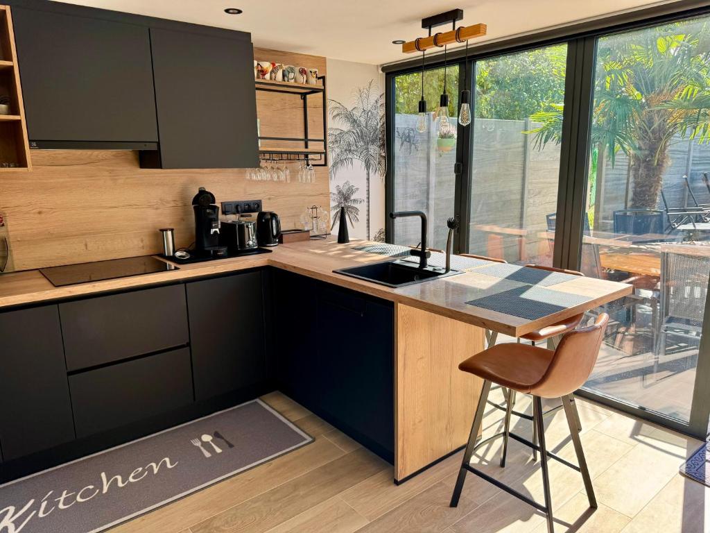 a kitchen with a sink and a counter top at B&B Wellness Garden in Herzele