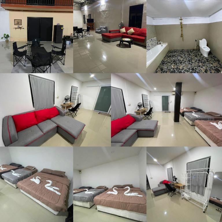 a collage of four pictures of a living room at Banchasramanora resort in Ban Nua