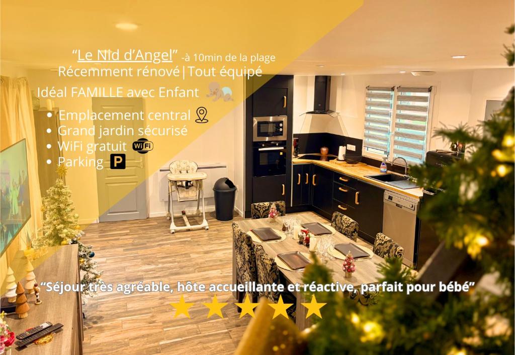 eine Küche mit einem Weihnachtsbaum in einem Zimmer in der Unterkunft Charmante MAISON avec JARDIN & PARKING, tout équipé et confort - 10 min à pied de la mer in Criel-sur-Mer