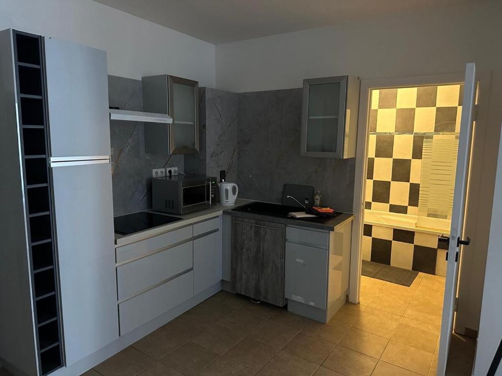 una cucina con bancone e forno a microonde di Beau T3 a Aiguebelle